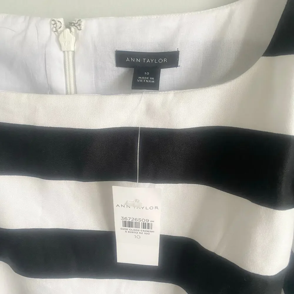 NWT Ann Taylor Square Neck Sleeveless Shift Dress Black White Linen Mini Size 10